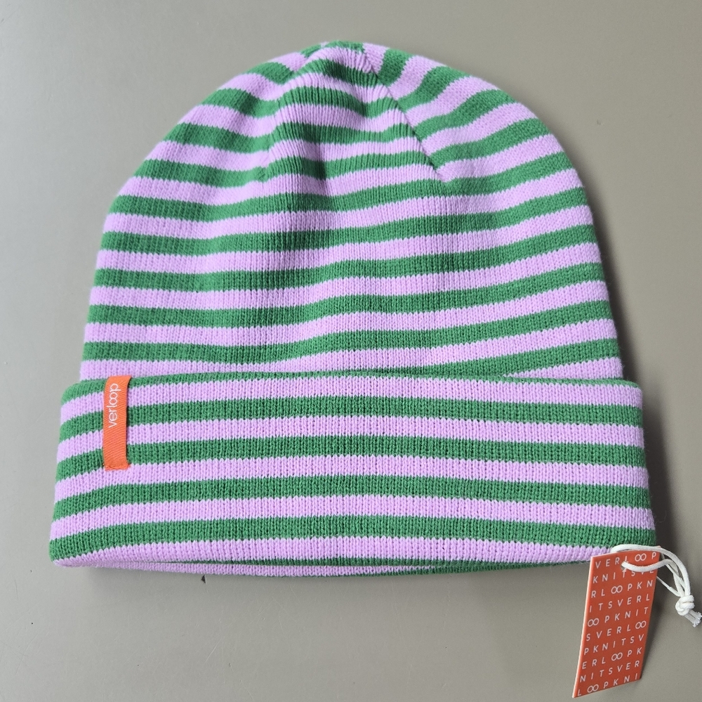 Striped Green and Pink Knit Beanie